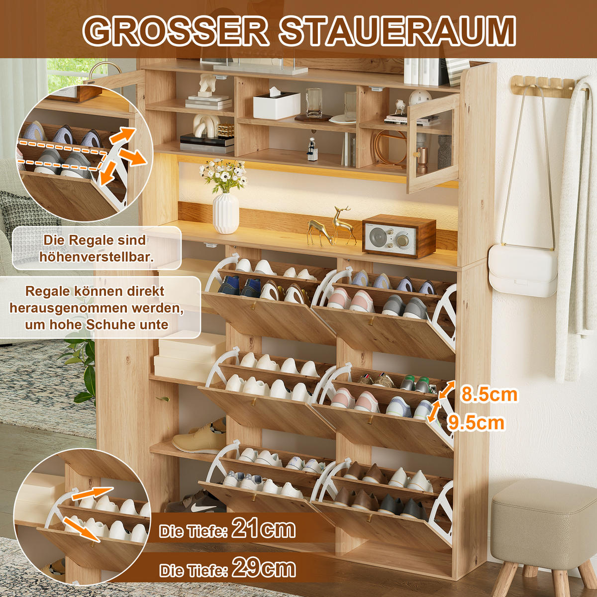 SCHUHSCHRANK 130x25x180cm mit Glas, LED und 6 Klappen - Naturfarben, Holzwerkstoff (130/180/25cm) - FLIEKS