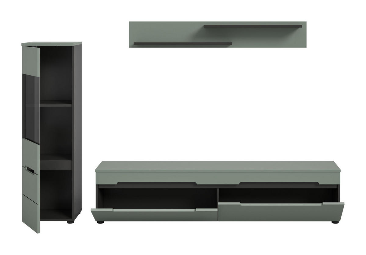 WOHNWAND Nova 3 tlg. (B/H/T: ca. 221/141/33 cm) in Basalt grau/Smoke Green - Grau, Holzwerkstoff (221/141/33cm)