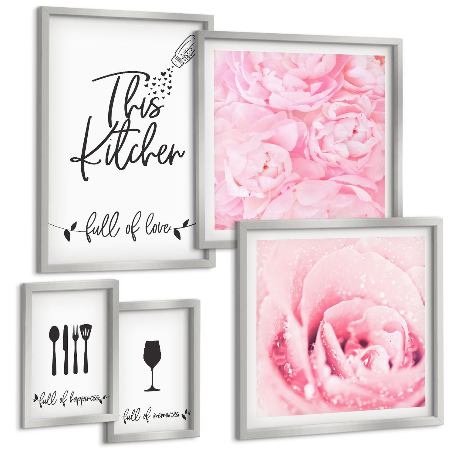 BILDER SET 5er Set - 50x50 cm & 20x30 cm & 40x60 cm Silberner Rahmen - Zen-Gemälde, Wassersteine, Buddha - Silberfarben, Kunststoff (40/60cm) - TULUP