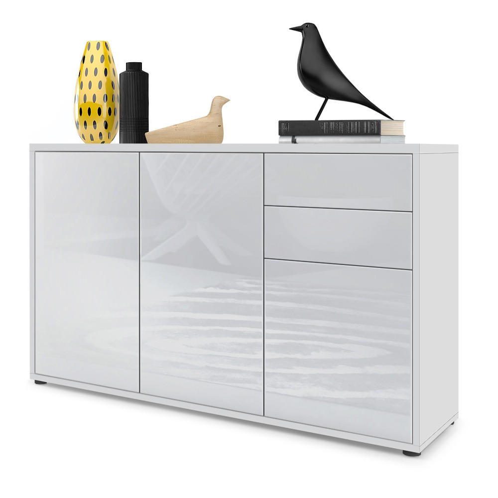 Vladon Sideboard Metro Made In Germany - Weiß Hochglanz Mit Eiche Natur 153x88x38cm