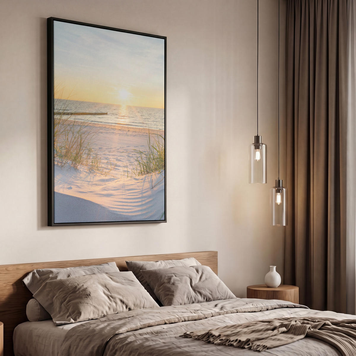 LEINWAND Bilder mit Rahmen - Strand - Sonne - Düne - Gras - Sand - Horizont - 60x90 - Hellblau, Textil (60/90cm) - MuchoWow