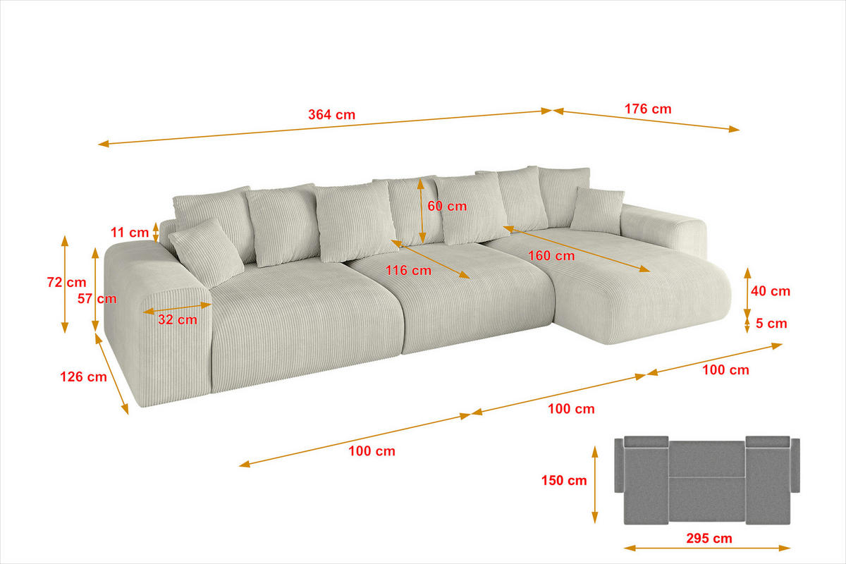ECKSOFA Ottomane rechts ESKAR-L2 364x176x72 Ecru Cord - Ecru/Schwarz, Holzwerkstoff/Kunststoff (176/364cm) - ALTDECOR