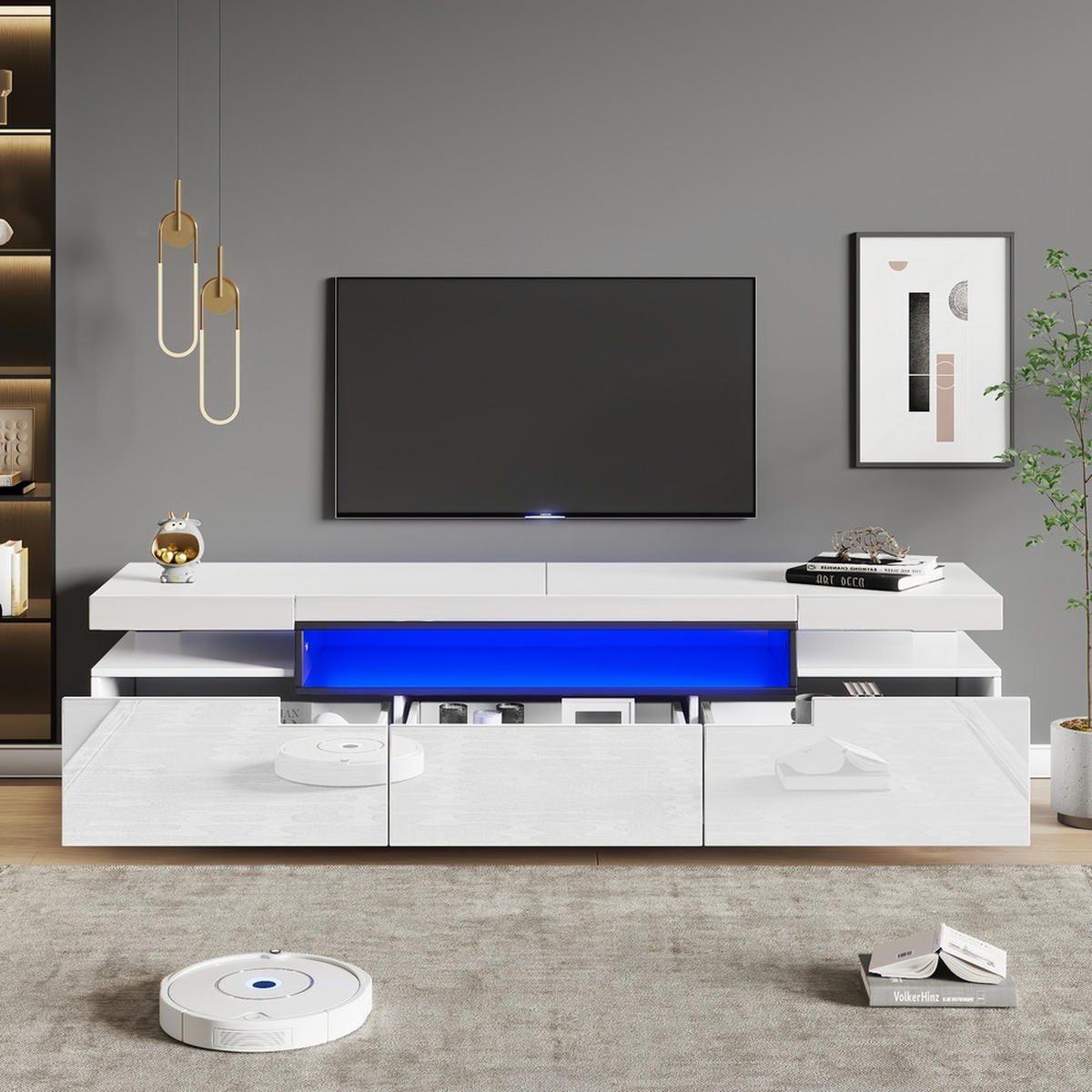 TV-SCHRANK 160x39cm Hochglanzweiß LED 16-Farben 3 Schubladen bis 70 Zoll - Weiß, Holz (47/20/65.5cm) - FLIEKS