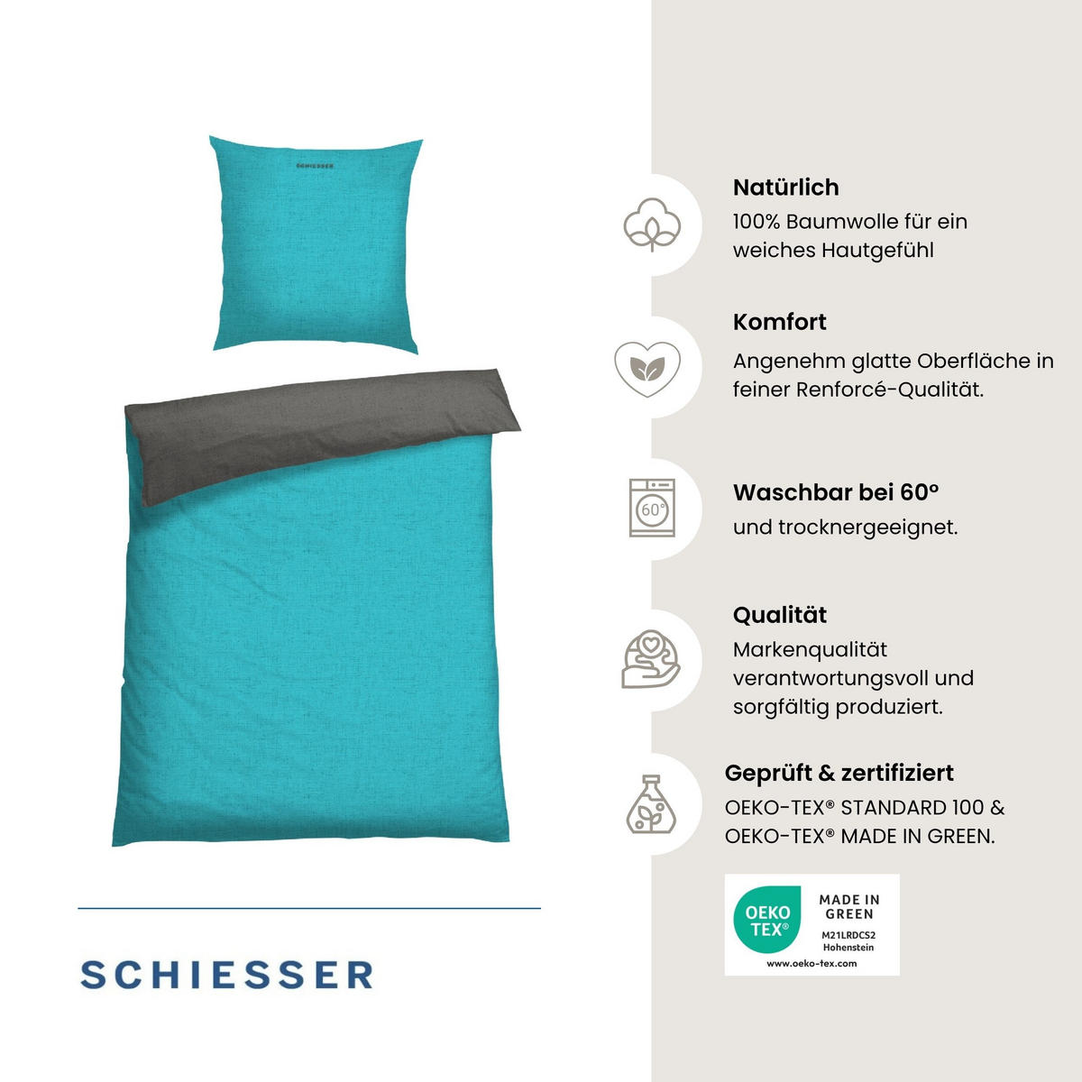 BETTWÄSCHESET Doubleface Renforcé 2-teilig 135x200 cm Türkis-Dunkelgrau - Türkis/Dunkelgrau, Textil (135/200cm) - SCHIESSER