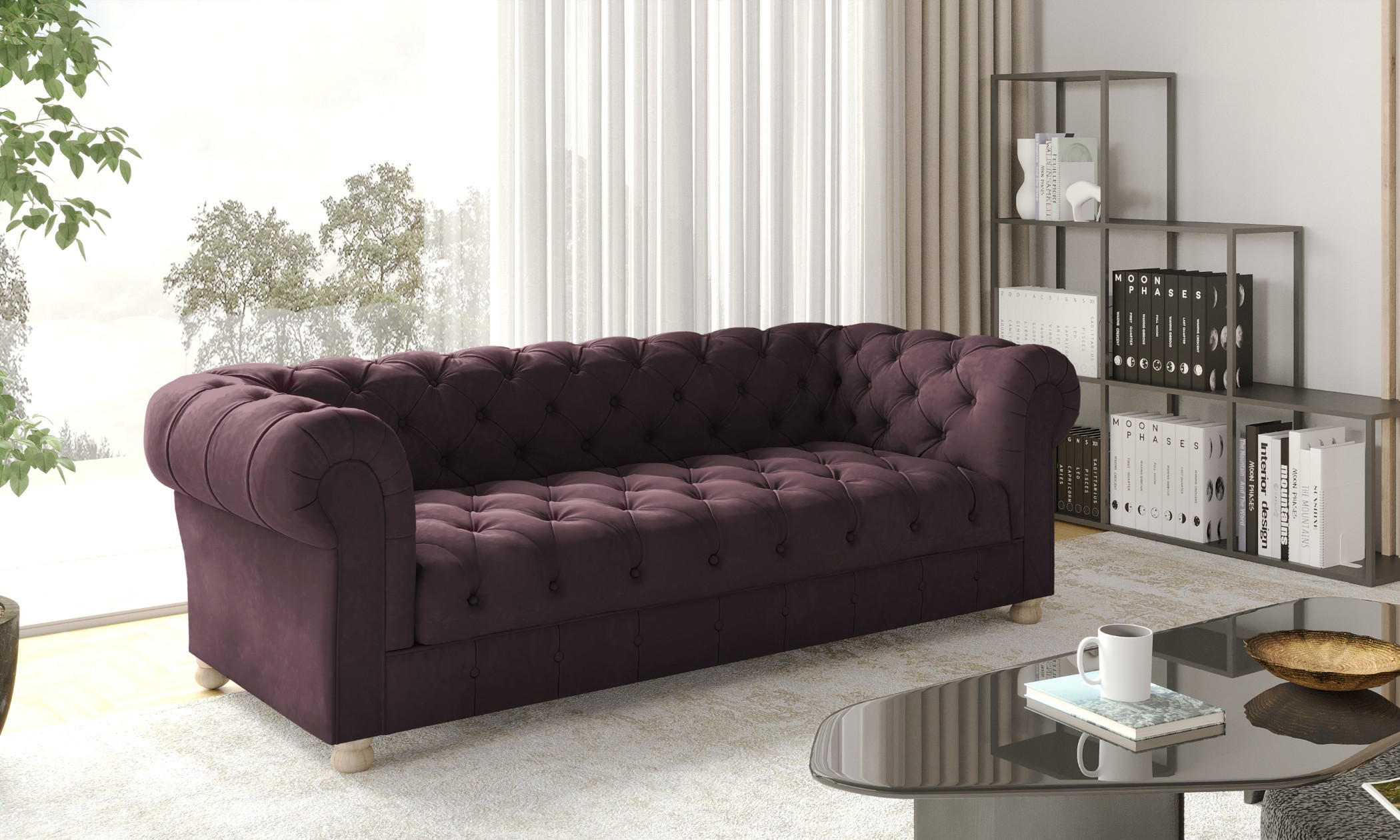 SOFA CHESTERFIELD Elegant Klassisch Schick Stoff Whisper Velours Rotwein - Rot, Holz/Textil (202/77/90cm) - Kaiser Möbel