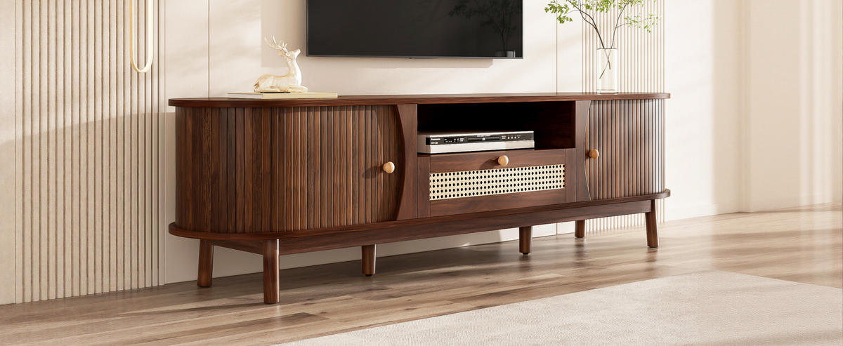TV-LOWBOARD Rattan Türen Holz Landhaus - Nussbaumfarben, Holz (165/46/37cm) - Fortuna Lai