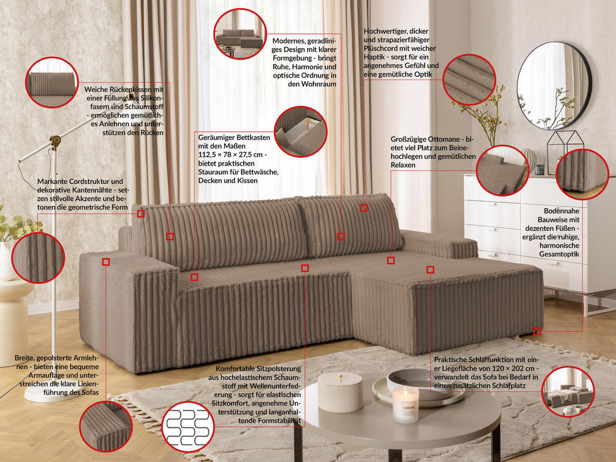 ECKSOFA Rivio mit Schlaffunktion und Bettkasten, Plüschcord Braun - Schwarz/Braun, Holz/Kunststoff (262/149cm) - S-Style