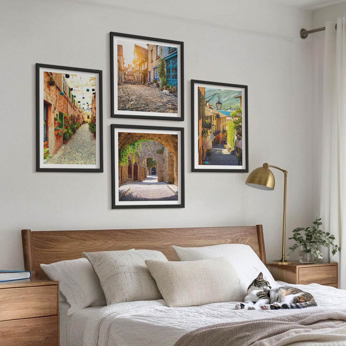 BILDER SET 4er Set - 50x50 cm & 40x60 cm Schwarzer Rahmen - Charmante Straßen mit Steinen - Schwarz, Kunststoff (50/50cm) - TULUP