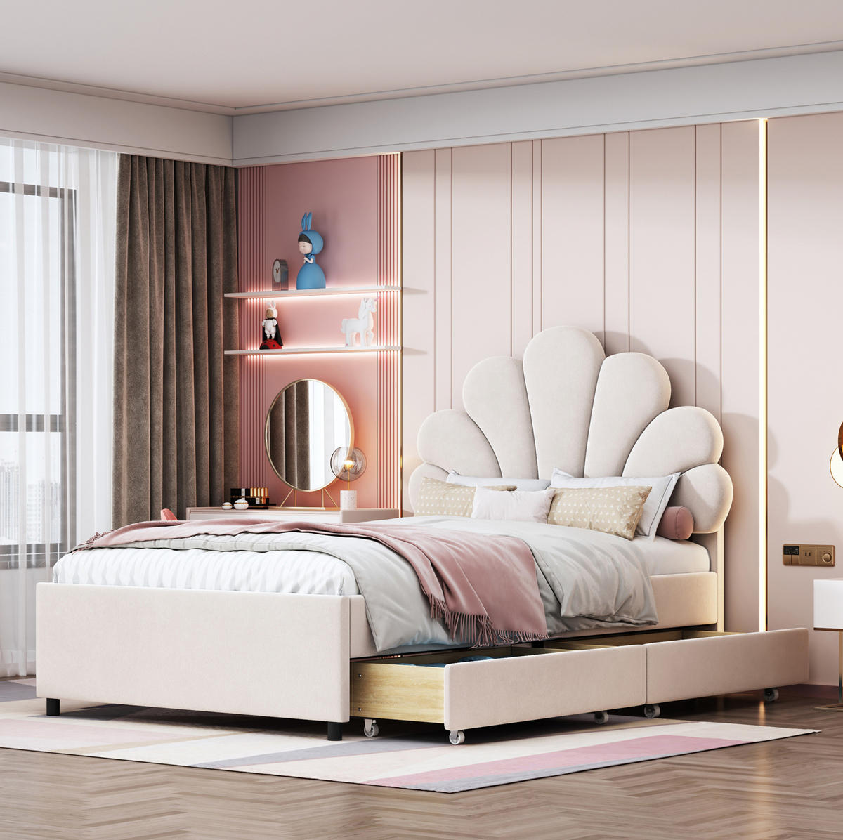 SAMT-POLSTERBETT 90/200 cm mit 2 Schubladen und floral gepolstertem Kopfteil - Beige, Textil (90/200cm) - BEAOK