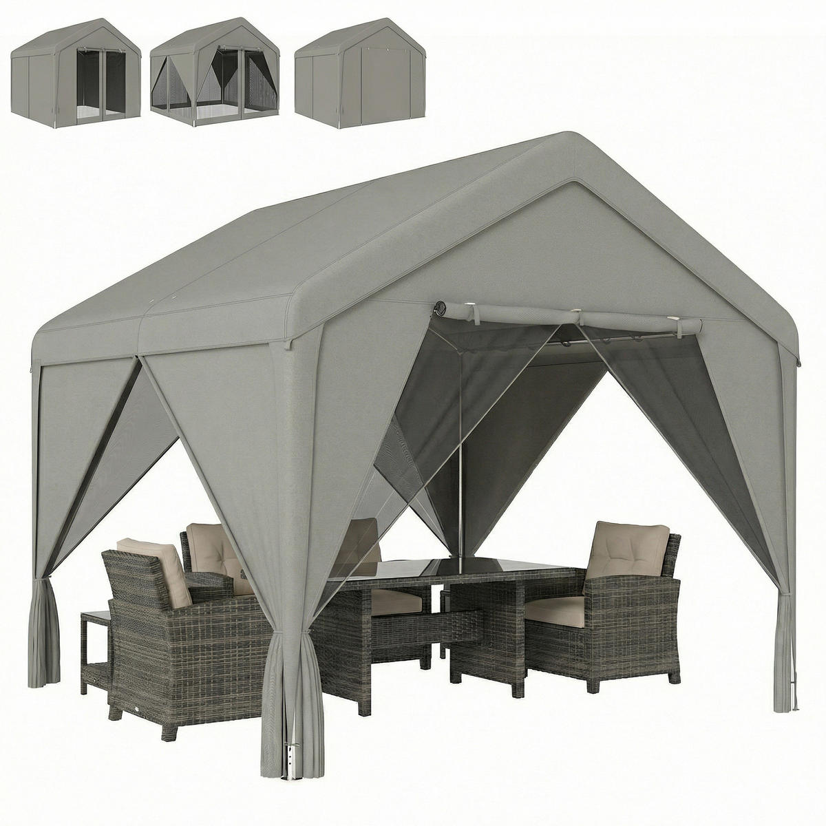 PAVILLON DE-12710 300/300 cm Doppeldach mit Vorhängen und Moskitonetzen Grau - Grau, Metall (295/278/300cm) - ComfortXL