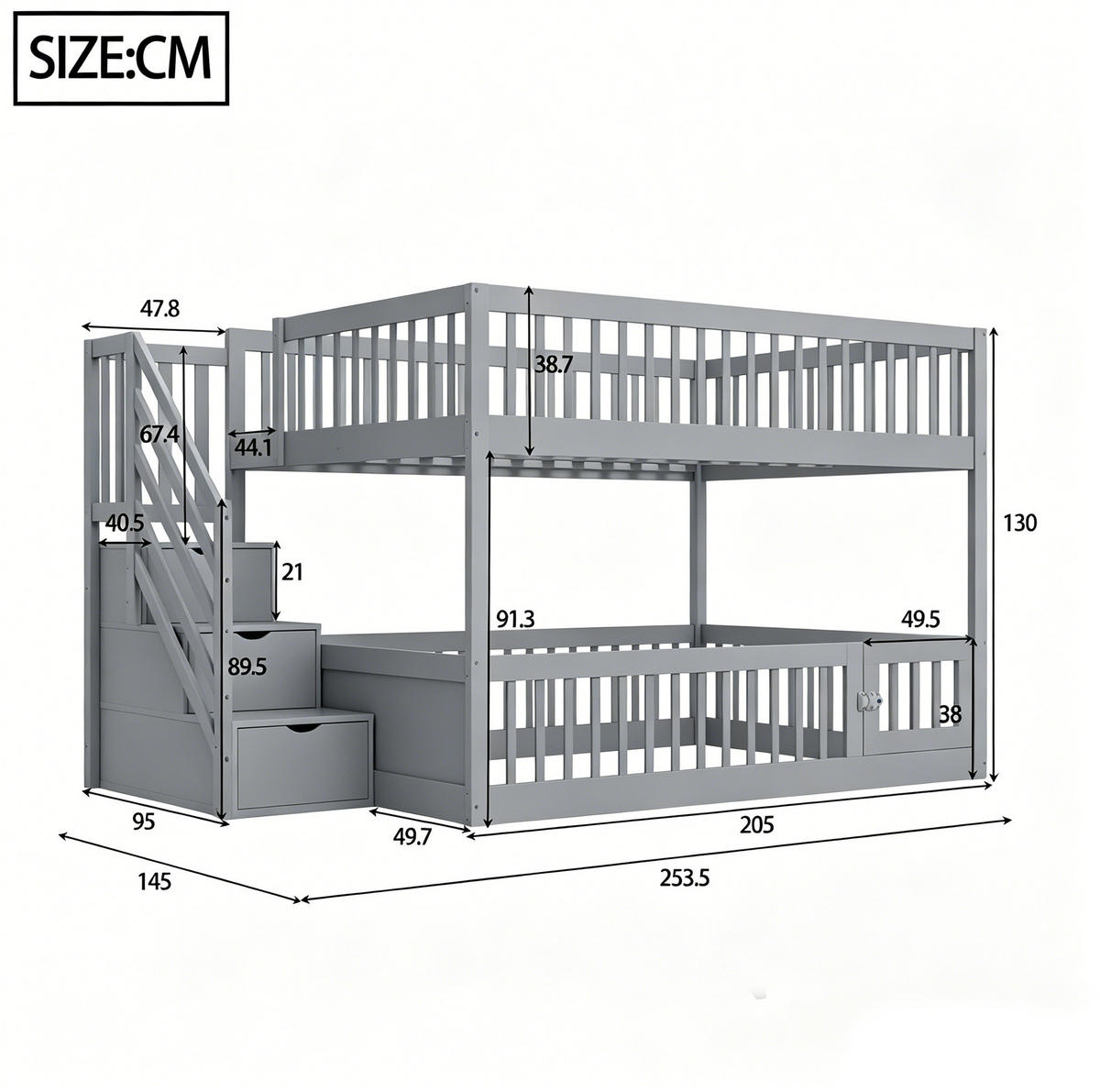 ETAGENBETT mit Stauraumtreppe 140 x 200 cm Massivholz Grau - Grau, Holzwerkstoff (140/200cm) - Beauniv