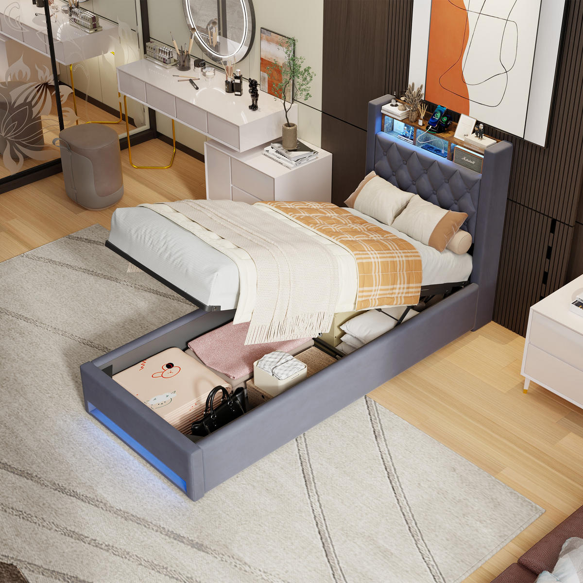 POLSTERBETT 90/190 cm Grau mit LED-Lichtleiste und USB-Anschlüssen - Grau, Holzwerkstoff (90/190cm) - OKWISH