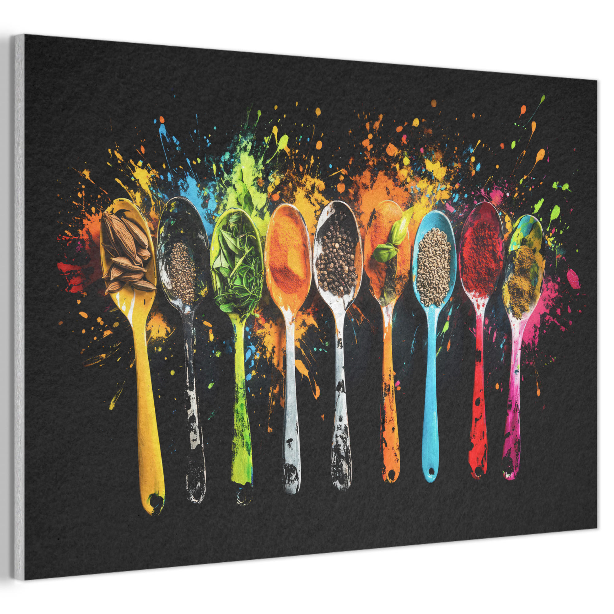AKUSTIKBILD Löffel - Gewürze - Modern - Graffiti - Farbe - Farbenfroh Akustikpaneele 90x60 cm - Multicolor, Kunststoff (90/60/0.9cm) - MuchoWow