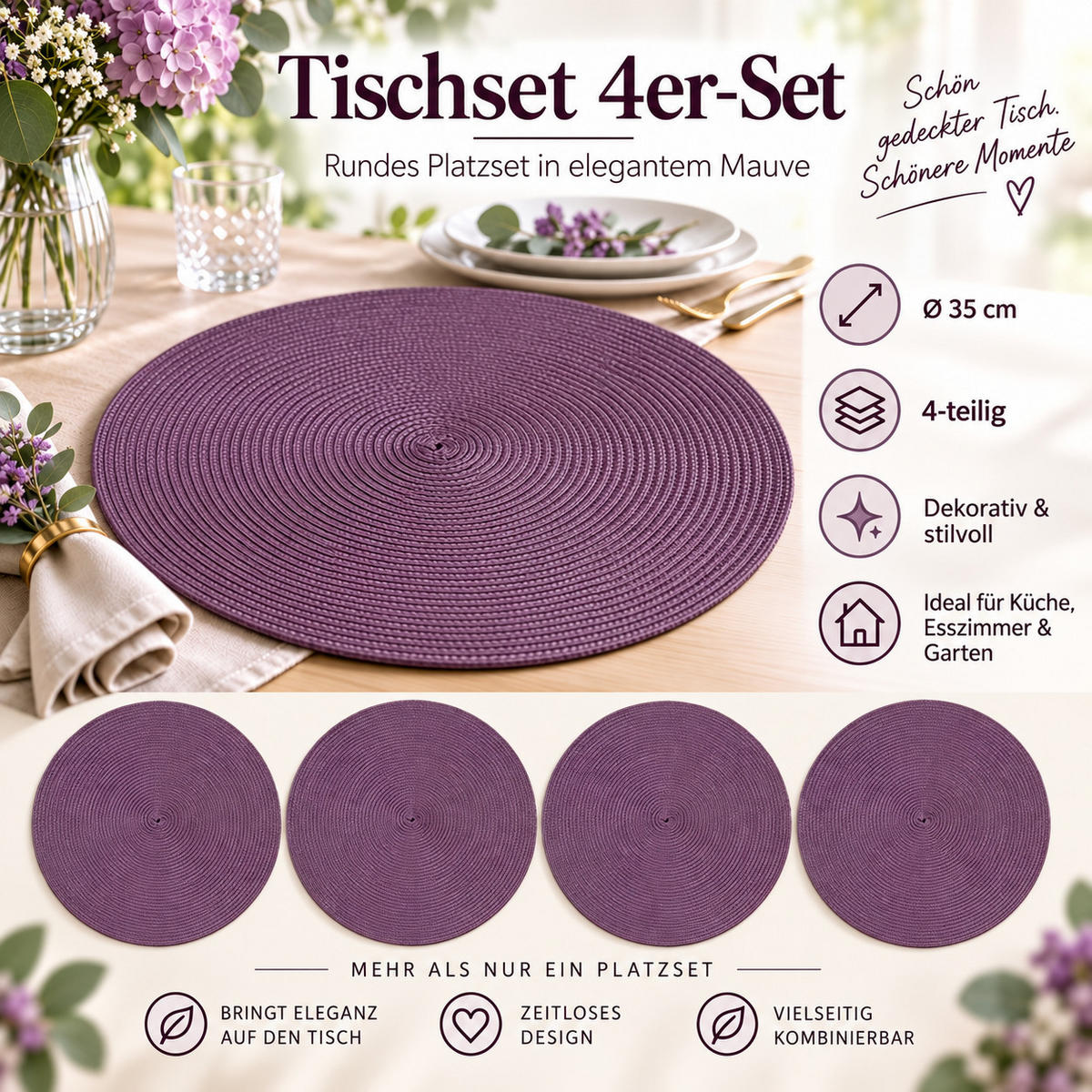 PLATZSET 4er Set Polypro Aubergine 35 cm rund - Aubergine, Kunststoff (35cm) - TiborTex
