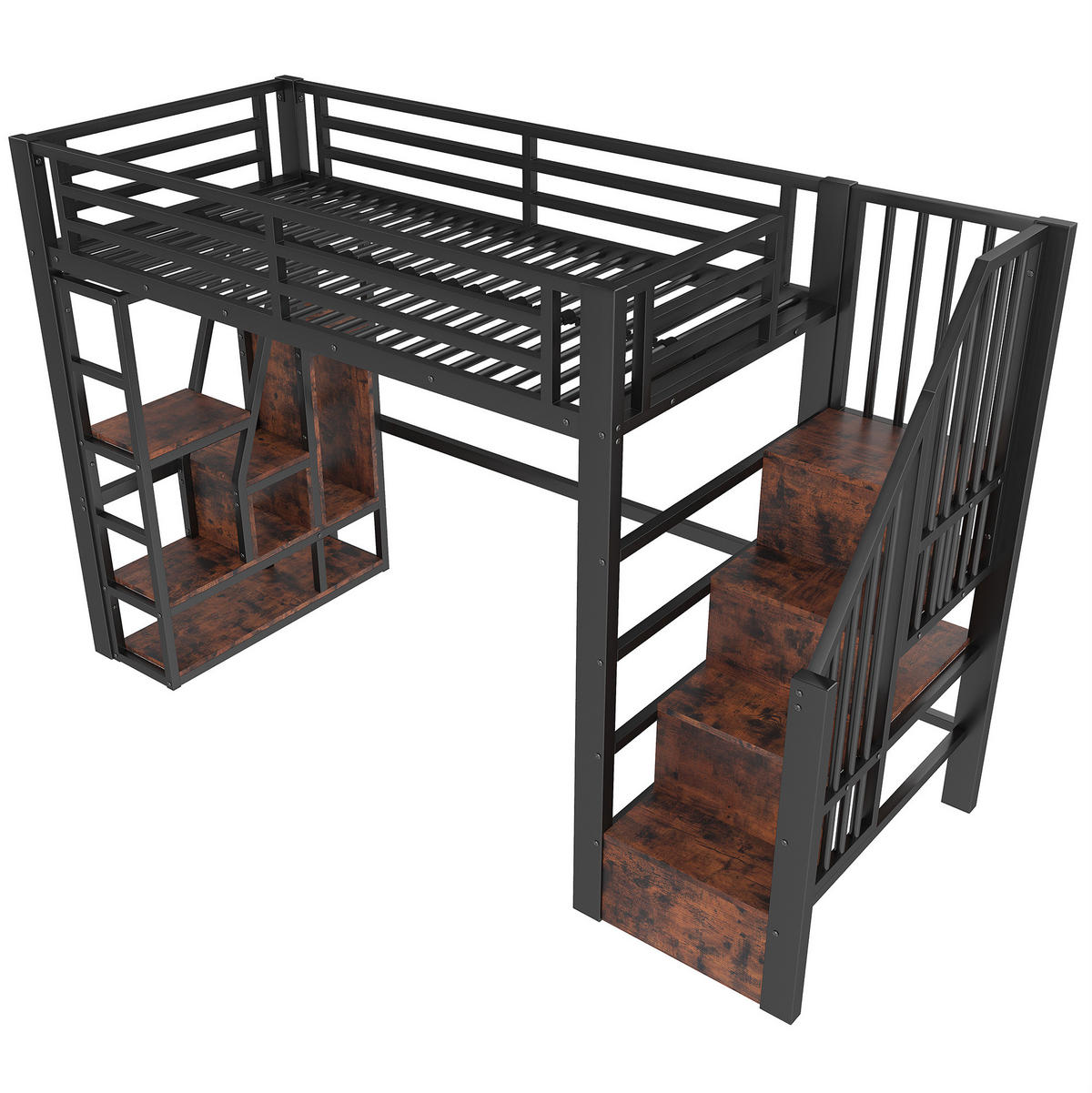 HOCHBETT aus Metall und MDF 90x200 cm Schwarz mit Stauraumtreppe und LED-Beleuchtung - Schwarz, Metall (90/200cm) - IVMEU