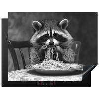 HERDABDECKPLATTE Waschbär - Niedlich - Pasta - Tischtuch - Schwarz - Weiß Induktionsmatte 77x59 cm - Grau, Kunststoff (77/59/0.2cm) - MuchoWow