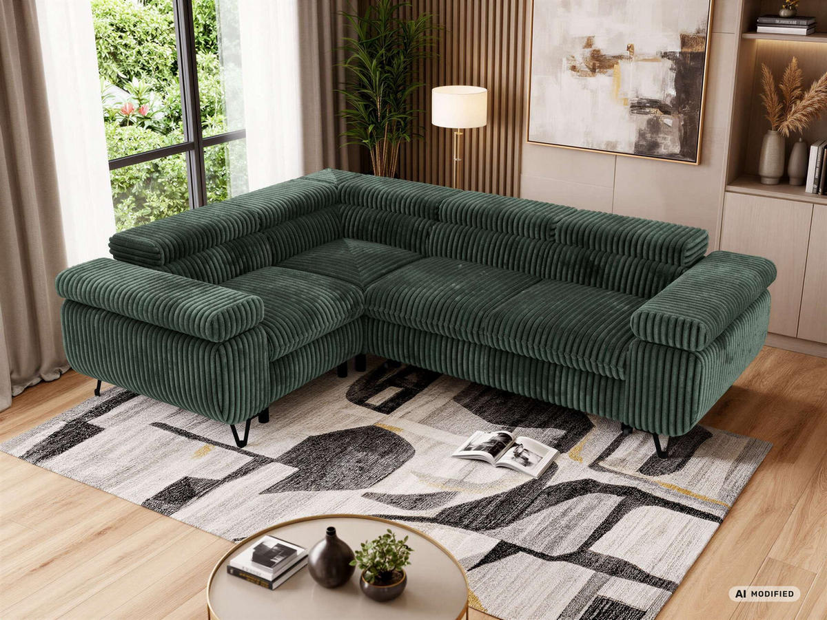 ECKSOFA FALCO L - Dunkelgrün Cord - Links Seite - Dunkelgrün/Schwarz, Textil/Metall (197/268cm) - MKS