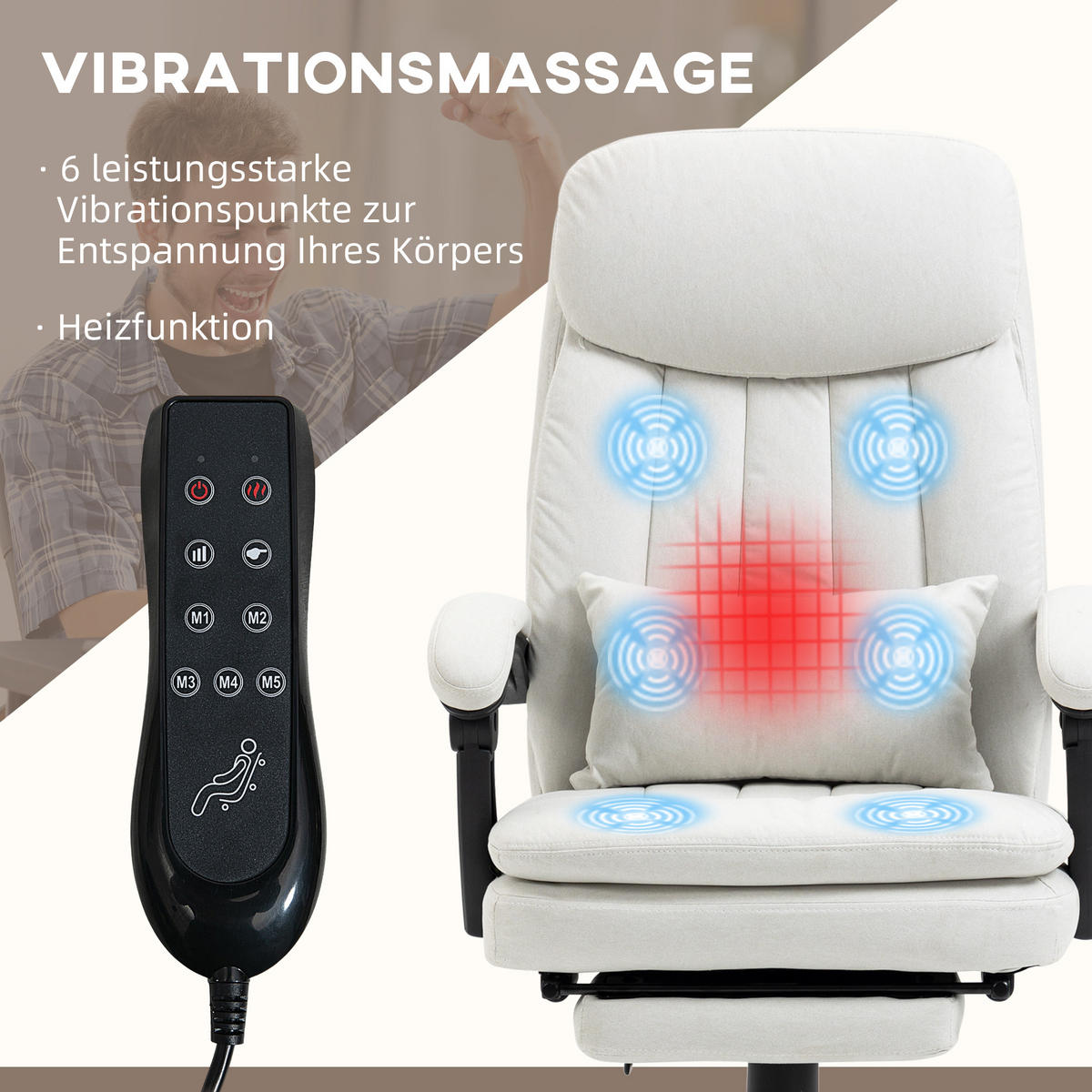 BÜROSTUHL mit Massagefunktion, Creme - Weiß, Kunststoff (67/118/66cm) - Vinsetto