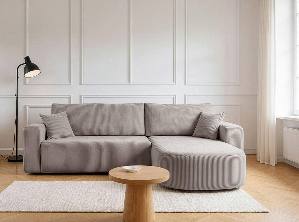 ECKSOFA mit Schlaffunktion Teeo L-Form universal mit Bettkasten Beige Cord - Beige/Schwarz, Kunststoff/Textil (275/170cm) - Homebook