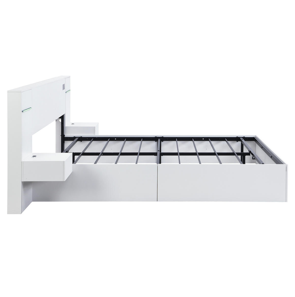 POLSTERBETT aus MDF 180x200 cm Weiß mit Bluetooth-Lautsprechern, USB-A/USB-C, LED-Farblichtleiste und 2 Nachttischen - Weiß, Holzwerkstoff (180/200cm) - Modfu