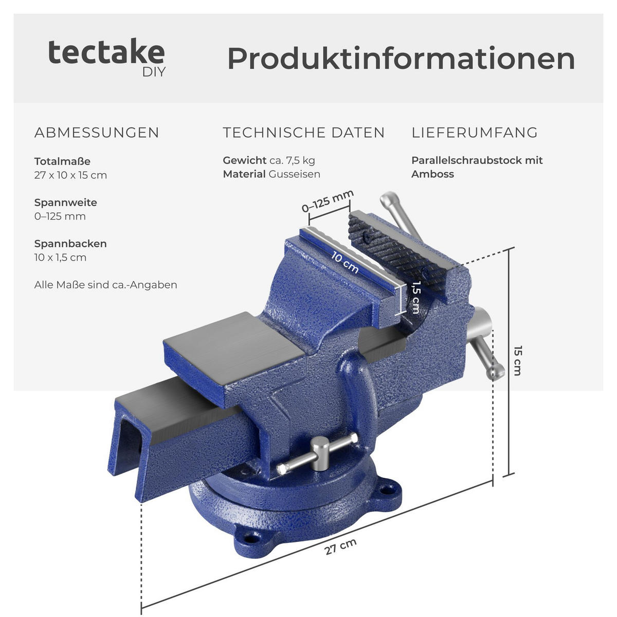 SCHRAUBSTOCK , 3 Anschraublöcher, blau - Blau, Metall (27/10/15cm) - tectake