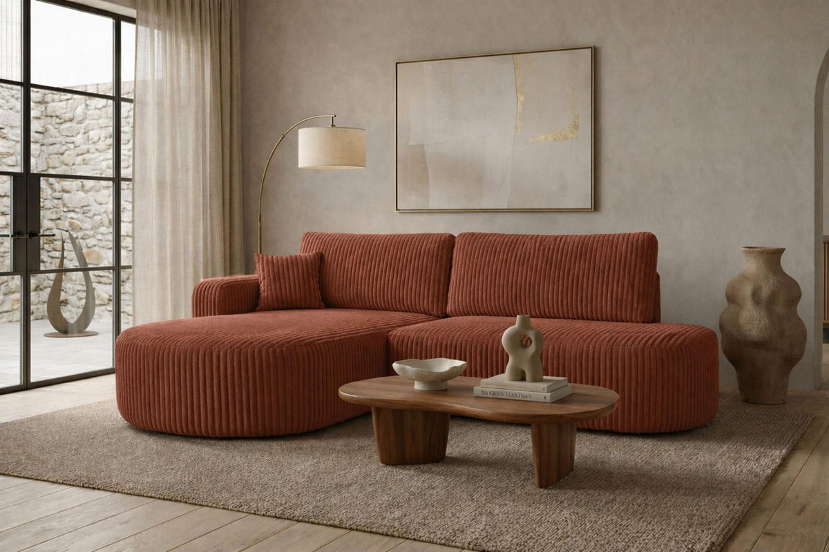 ECKSOFA Mit Schlaffunktion Und Bettkasten, Cordstoff Tilia, Kupfer, Links, ROUND ONE OPEN XL - Orange, Holz (262/175cm) - Kaiser Möbel