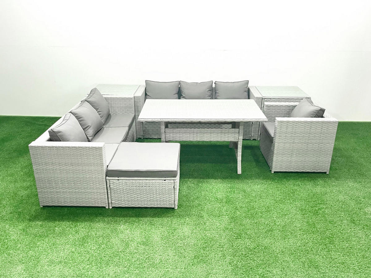 GARTENMÖBEL SET mit 3-Sitzer-Sofa und Sessel, Esstisch,2 Beistelltischen,Großer Fußhocker Polyrattan Hellgrau 8-Sitzer - Hellgrau/Grau, Glas/Kunststoff - Fimous