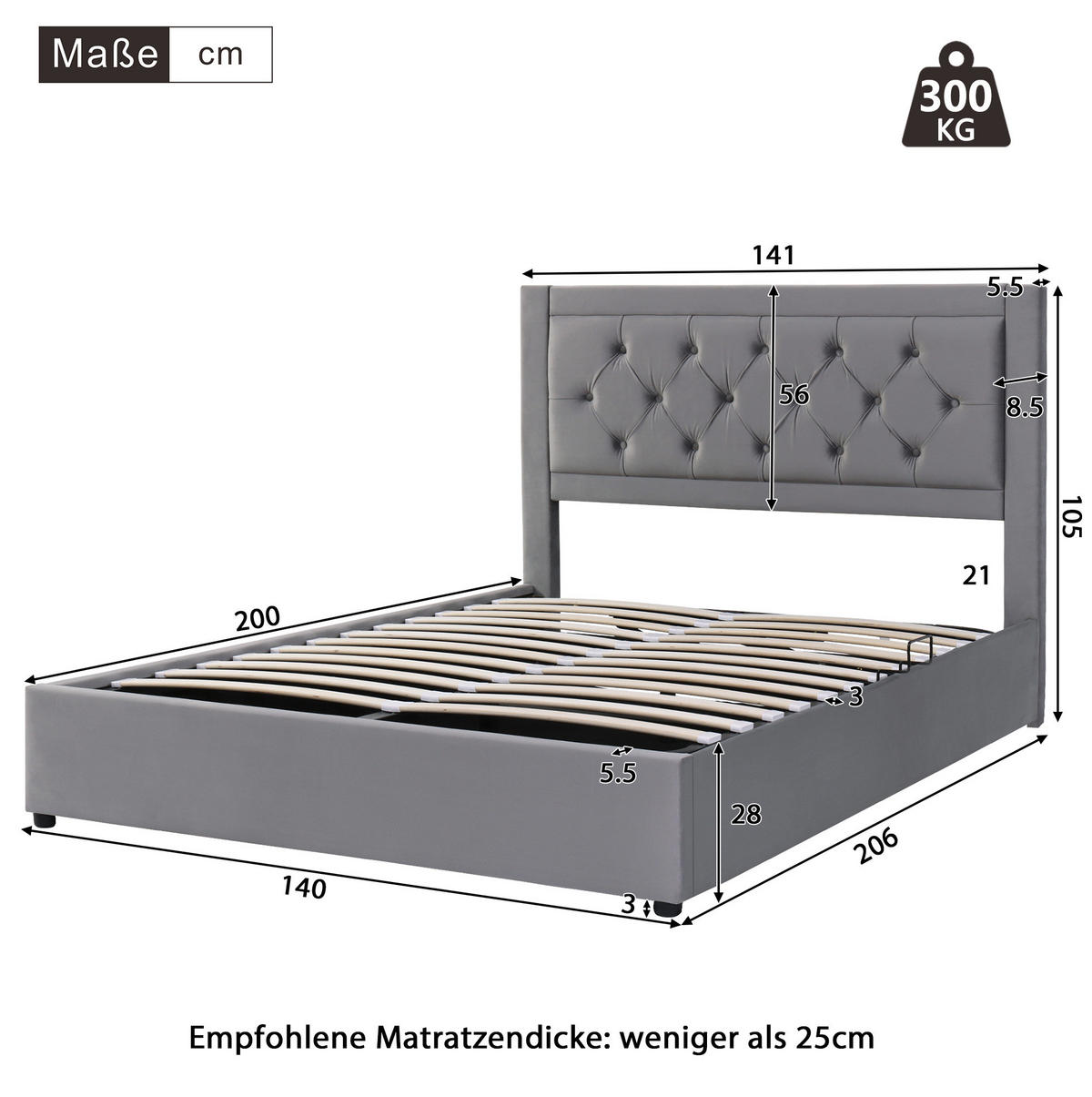 POLSTERBETT aus Samt und Stahl 140x200 cm Grau mit Bettkasten und Lattenrost - Grau, Metall (140/200cm) - IVMEU