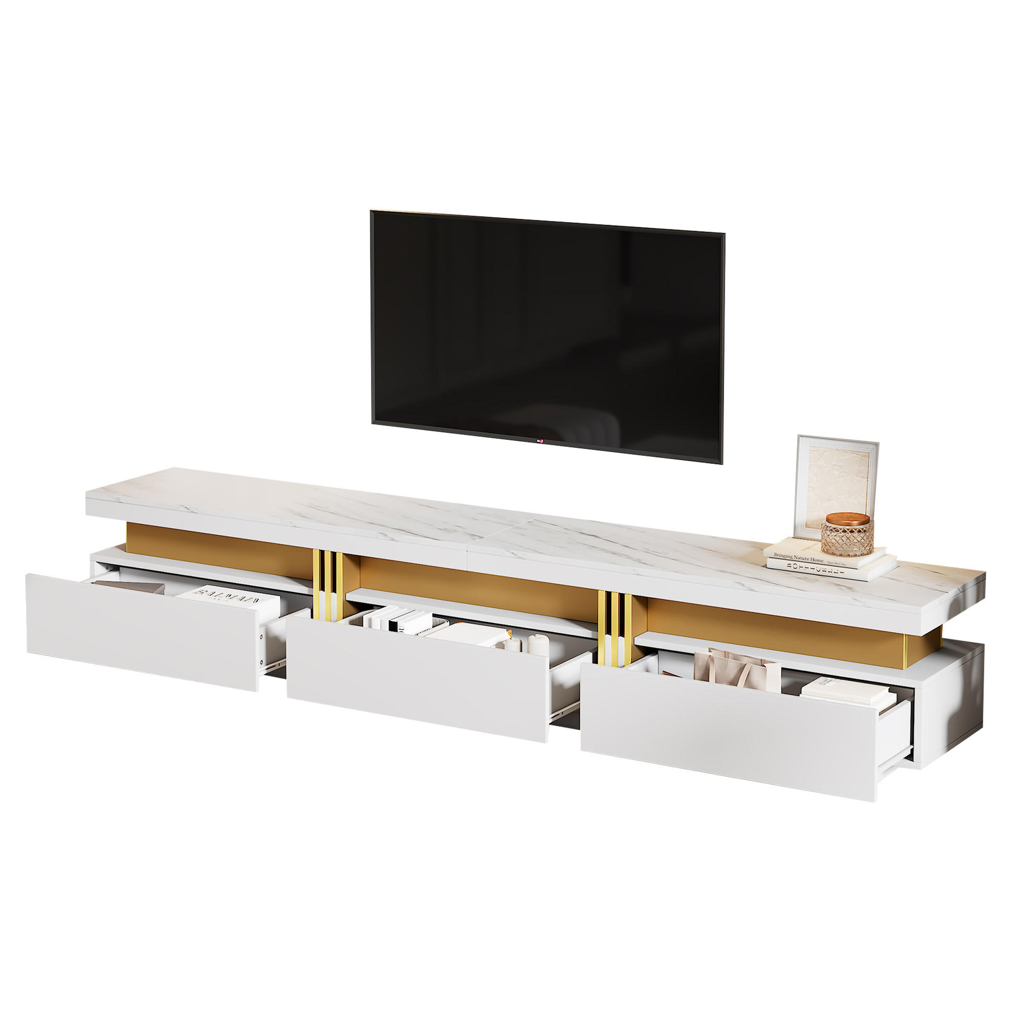 TV-SCHRANK weiß mit Marmor-Optik Tischplatte 200 × 40 × 42 cm - Weiß, Holzwerkstoff (200/42/40cm) - Luhomfu