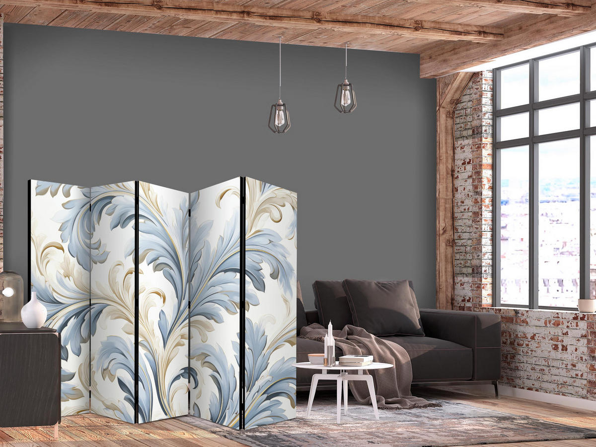 PARAVÁN Akustický 5-dielny 225x172 cm Barokové Ornamenty - modrá, drevo/textil (225/172/3cm) - Muralo