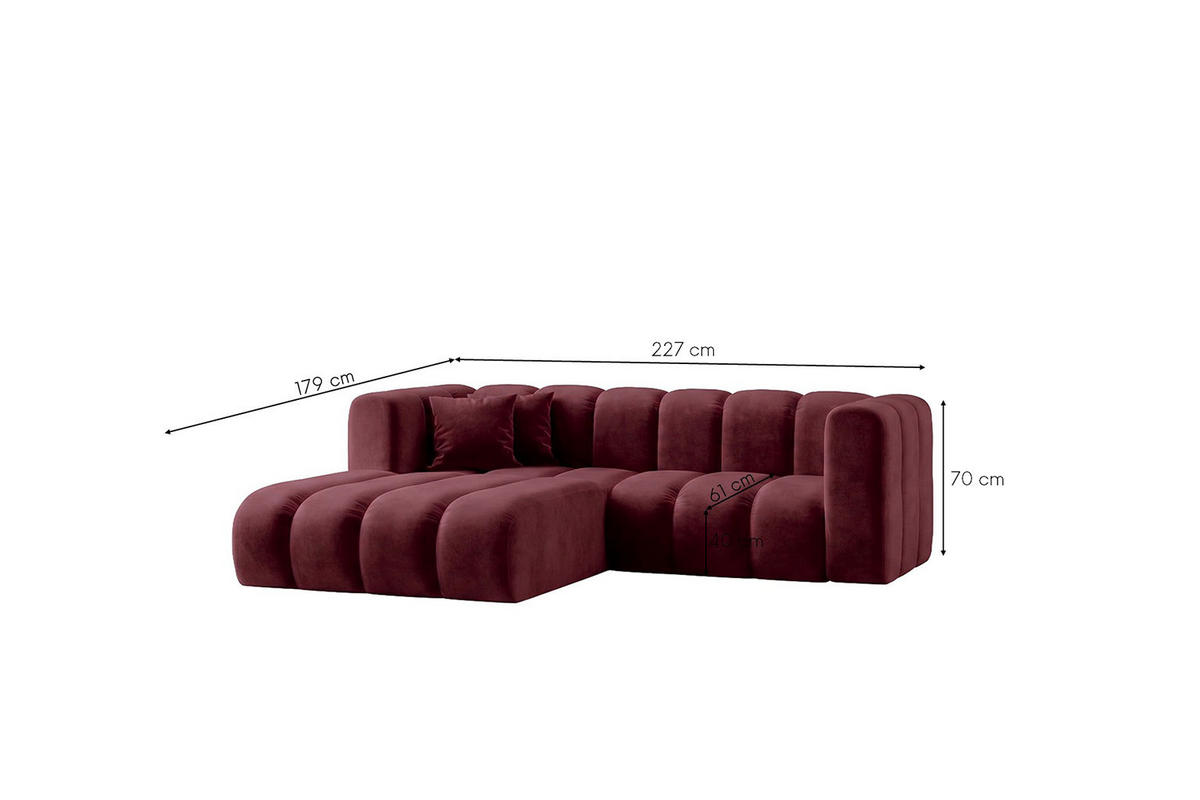 ECKSOFA Modulares In L-Form, Velvet-Stoff Riviera, Rotwein, Links, GRAND - Dunkelrot, Holz (227/179cm) - Kaiser Möbel
