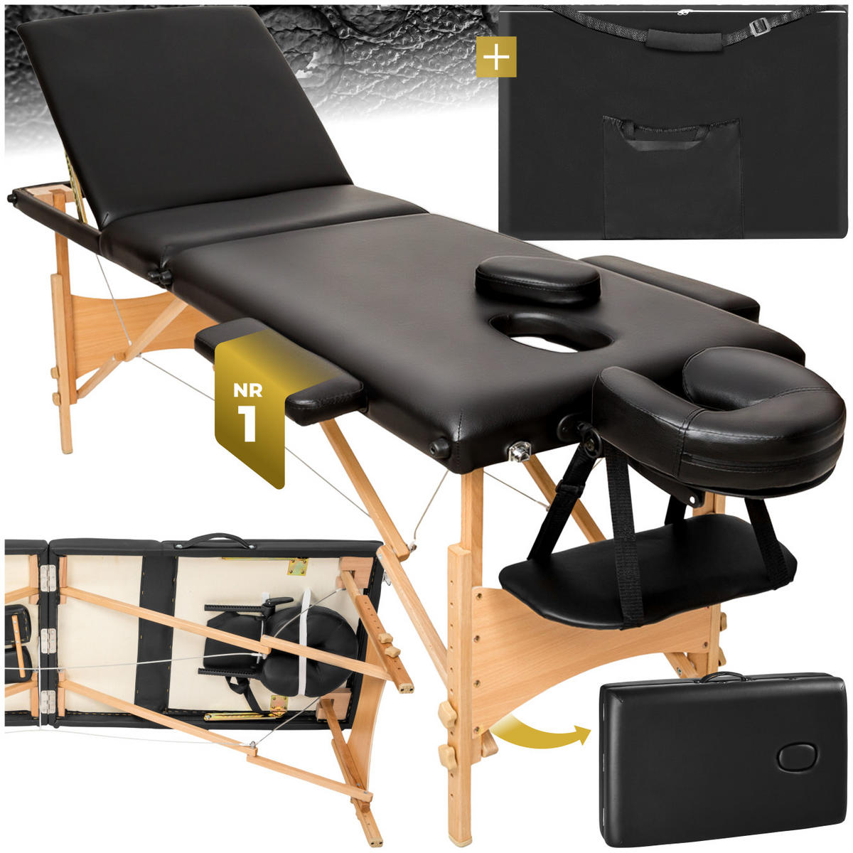 MASSAGELIEGE 3 Zonen Daniel,210 x 95 x 84 cm,schwarz - Schwarz, Holz (61/62/185cm) - tectake