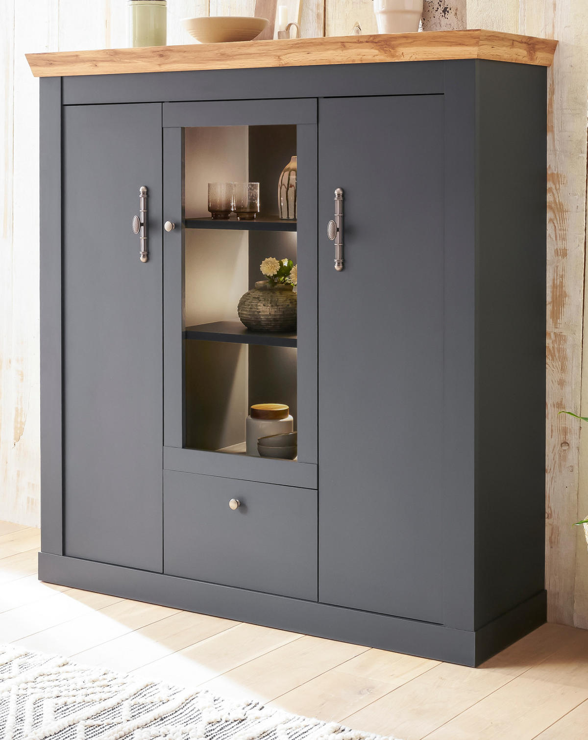 HIGHBOARD grau, Eiche Wotan, Landhaus 141 cm, Vitrine mit Soft-Close - Silberfarben/Eiche Wotan, Glas/Holzwerkstoff (141/146/45cm) - Furn.Design