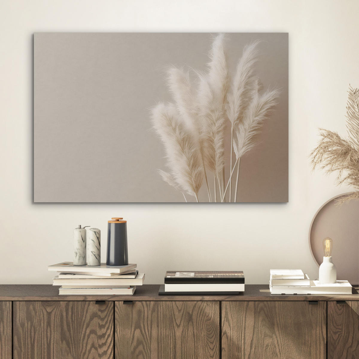 AKUSTIKBILD Pampasgras - Federn - Pastell - Weiß Wanddeko 70x50 cm - Naturfarben, Kunststoff (70/50/0.9cm) - MuchoWow