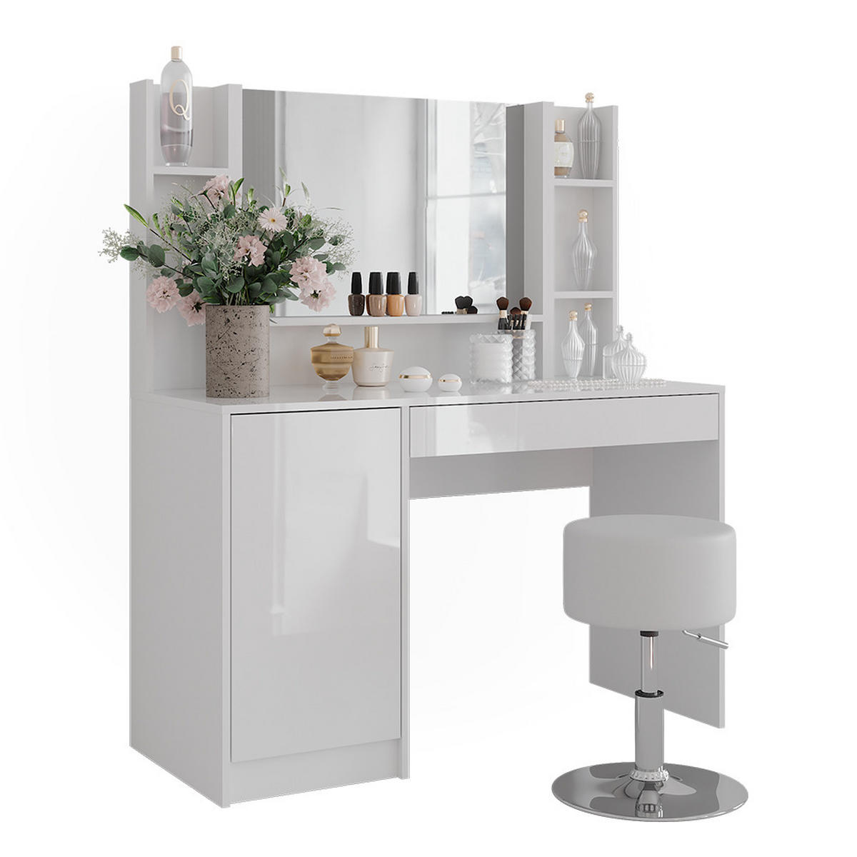 SCHMINKTISCH Sherry Weiß/Weiß Hochglanz 119.8 cm 5 Teile - Weiß Hochglanz, Holzwerkstoff (119.8/76/50.1cm) - Vicco