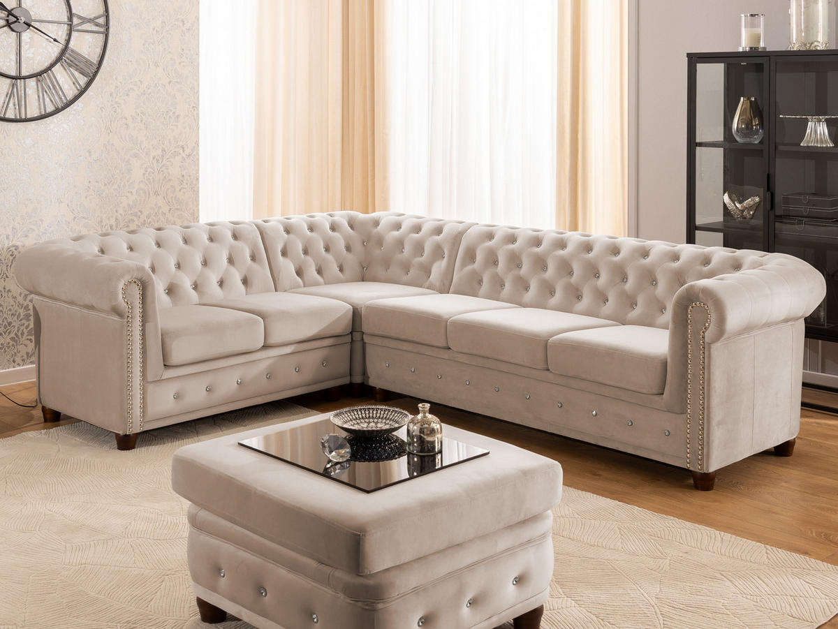 ECKSOFA Chesterfield Cleo Blink Beige Samt mit Kristallsteppung und braunen Massivholzfüßen - Ottomane Links - Beige/Braun, Holz/Textil (264/210cm) - S-Style Möbel