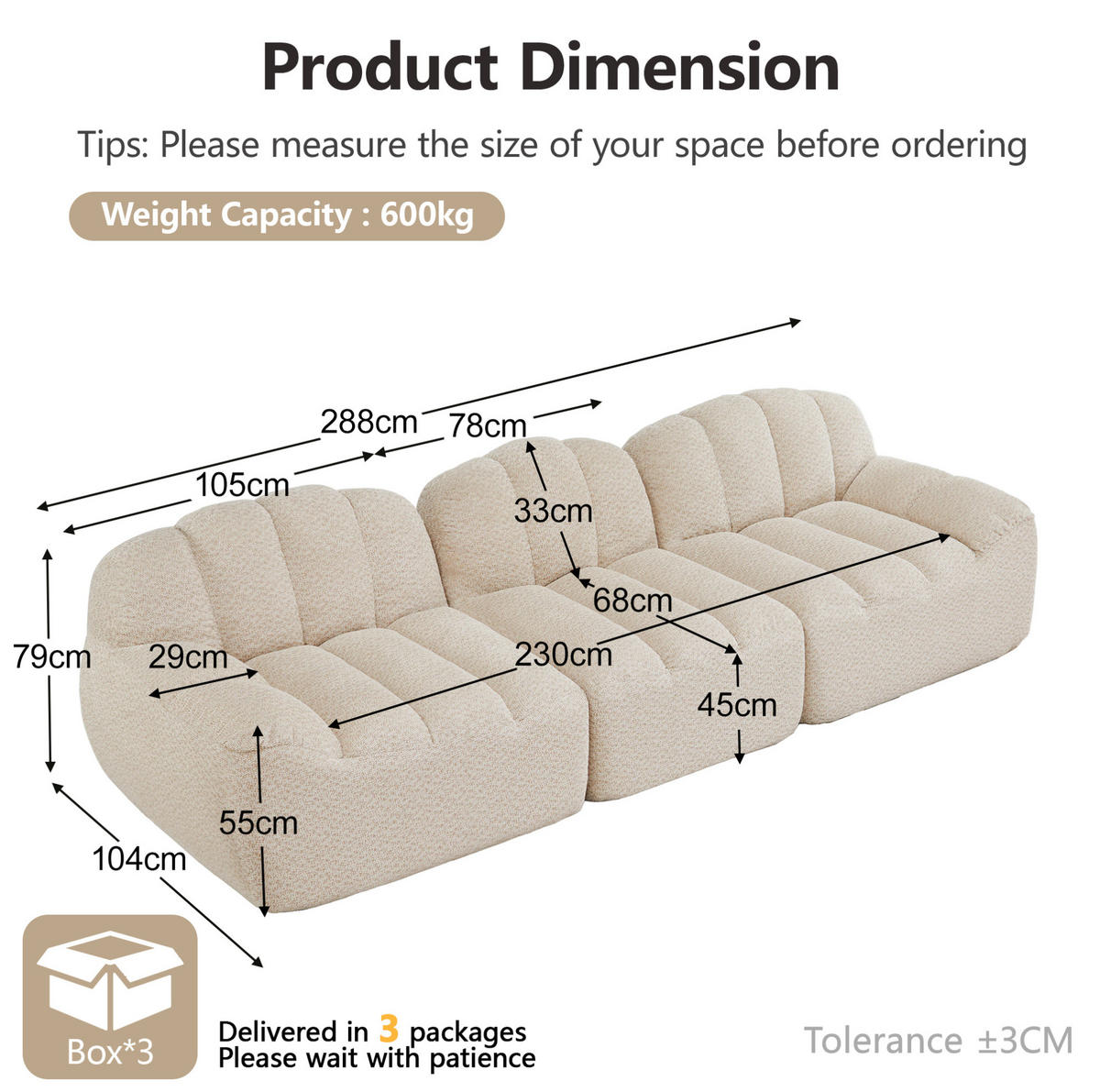 MODULARES 3-Sitzer-Sofa aus Granuliertem Fleece mit Ottomanenfunktion Beige-Weiß - Beige, Textil (104/79/288cm) - Modenvie