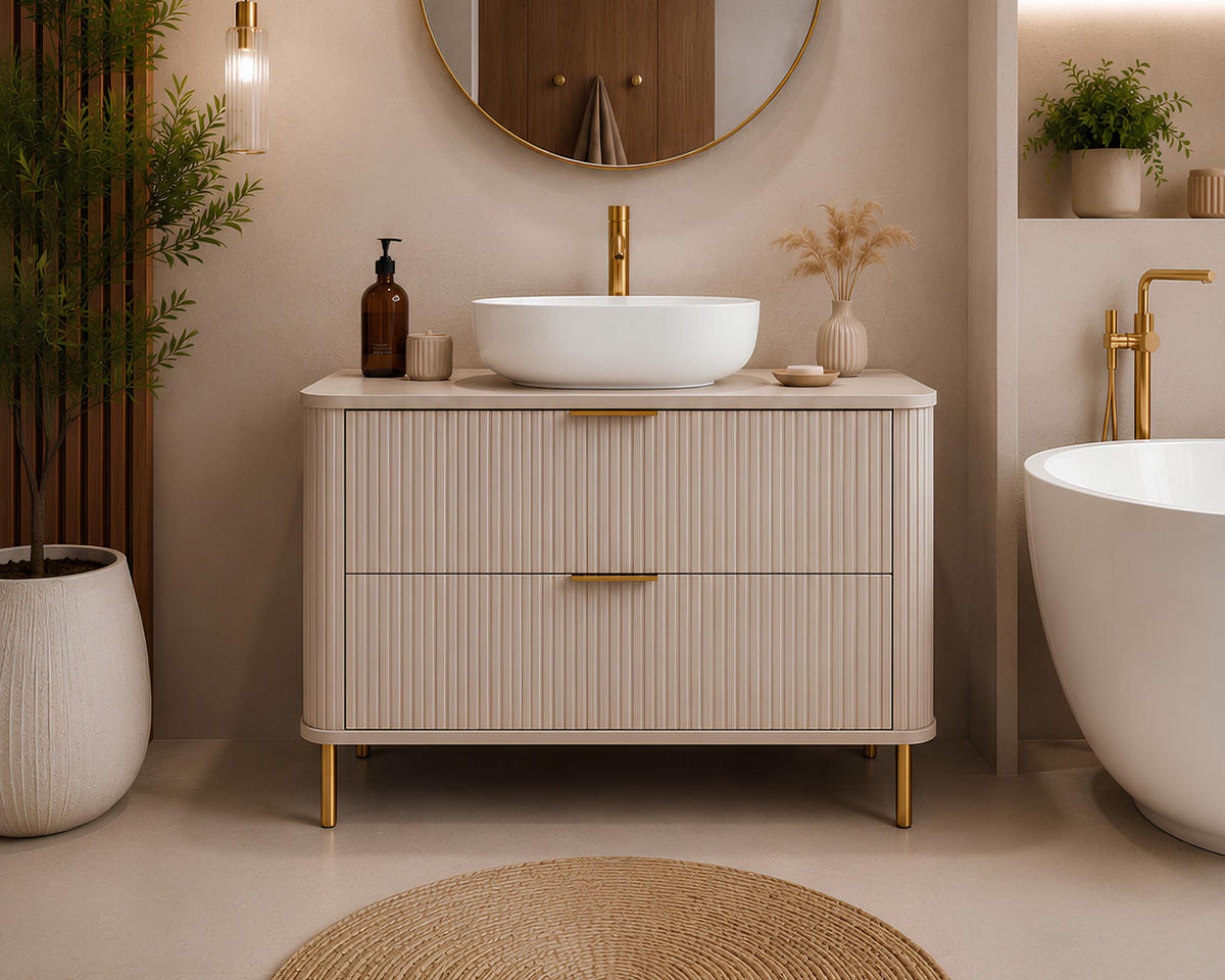 BADEZIMMERSCHRANK : Farbe Kaschmir, Griff gold, Füße gold, 100 x 41,5 x 66,7 cm - Kaschmir/Goldfarben, Holzwerkstoff (100/66.7/41.5cm) - 3XE LIVING