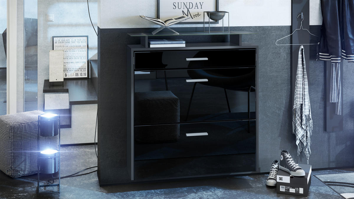 SCHUHSCHRANK Malea Fronten in Schwarz Hochglanz - Schwarz Hochglanz, Holzwerkstoff (89/96/23cm) - Vladon