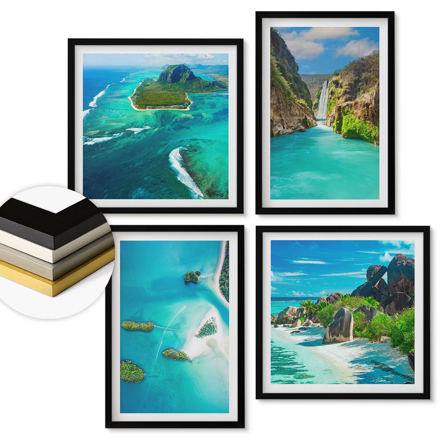 WANDBILDER 4er-Set - 50x50 cm & 40x60 cm Schwarzer Rahmen - Tropische türkisfarbene Inseln - Schwarz, Kunststoff (50/50cm) - ArtPrintCave