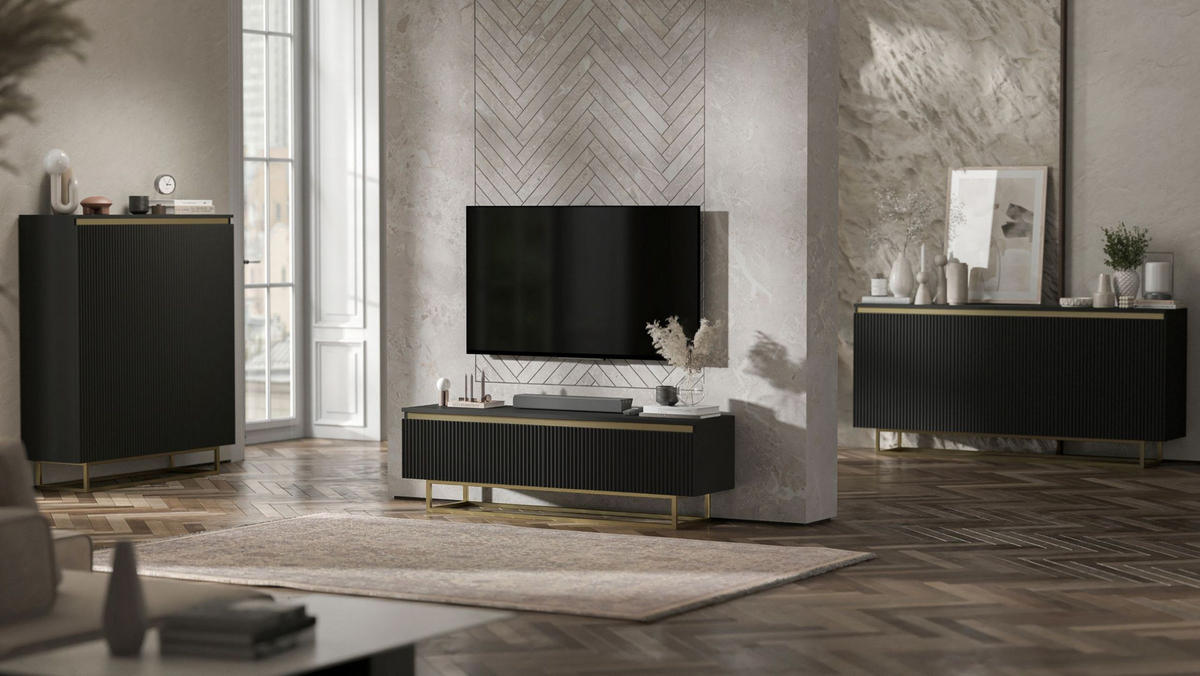 KOMMODE Selene 3D Schwarz Matt mit geriffelten Fronten Glamour 167 cm - Goldfarben/Schwarz, Holzwerkstoff/Metall (167/79/35cm) - Meble Lindner