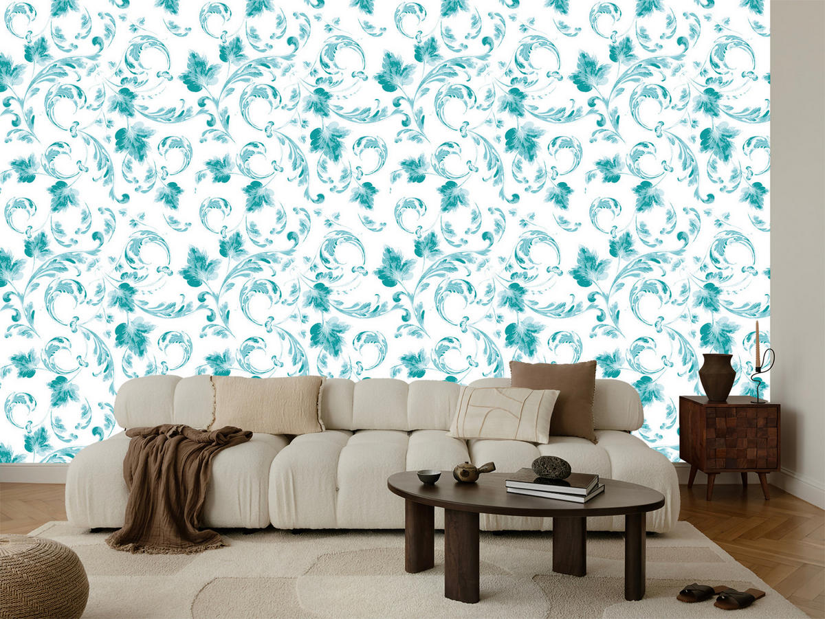 VLIESTAPETE Klassische Blätterornamente – Türkis, Weiß – 50x1000 cm - Türkis/Weiß, Papier (50/1000cm) - Muralo
