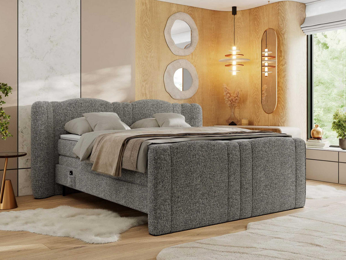 BOXSPRINGBETT FORTINA 160/200 - Grau Stukture - Topper T25 - H4 - Schwarz/Grau, Holz/Textil (160/200cm) - MKS