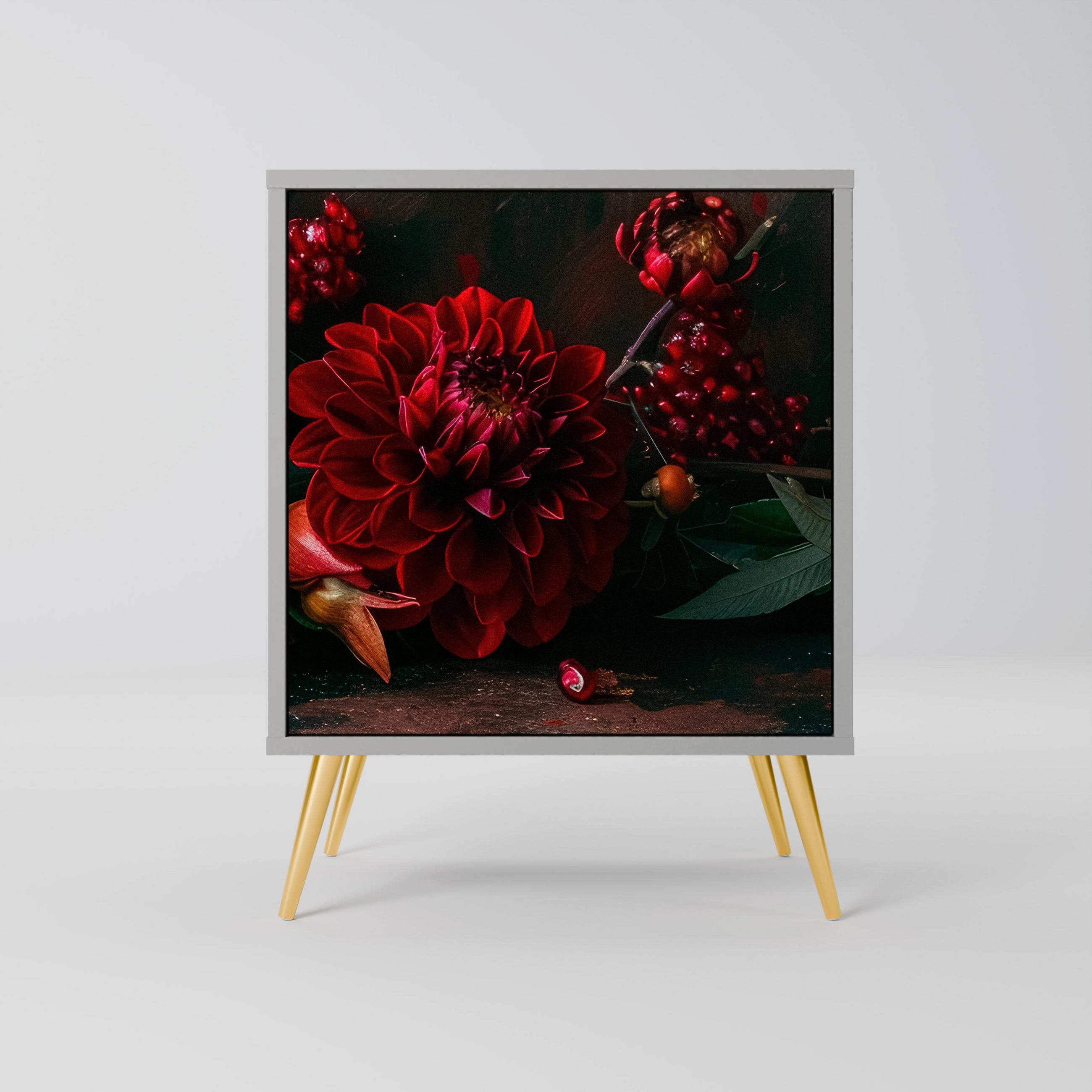 SIDEBOARD DAHLIAS AND POMEGRANATES, Grau, 57,5x42x75,5 cm, Goldfarbene Metallfüße - Goldfarben/Multicolor, Holzwerkstoff/Metall (57.5/75.5/42cm) - SpaceRebels