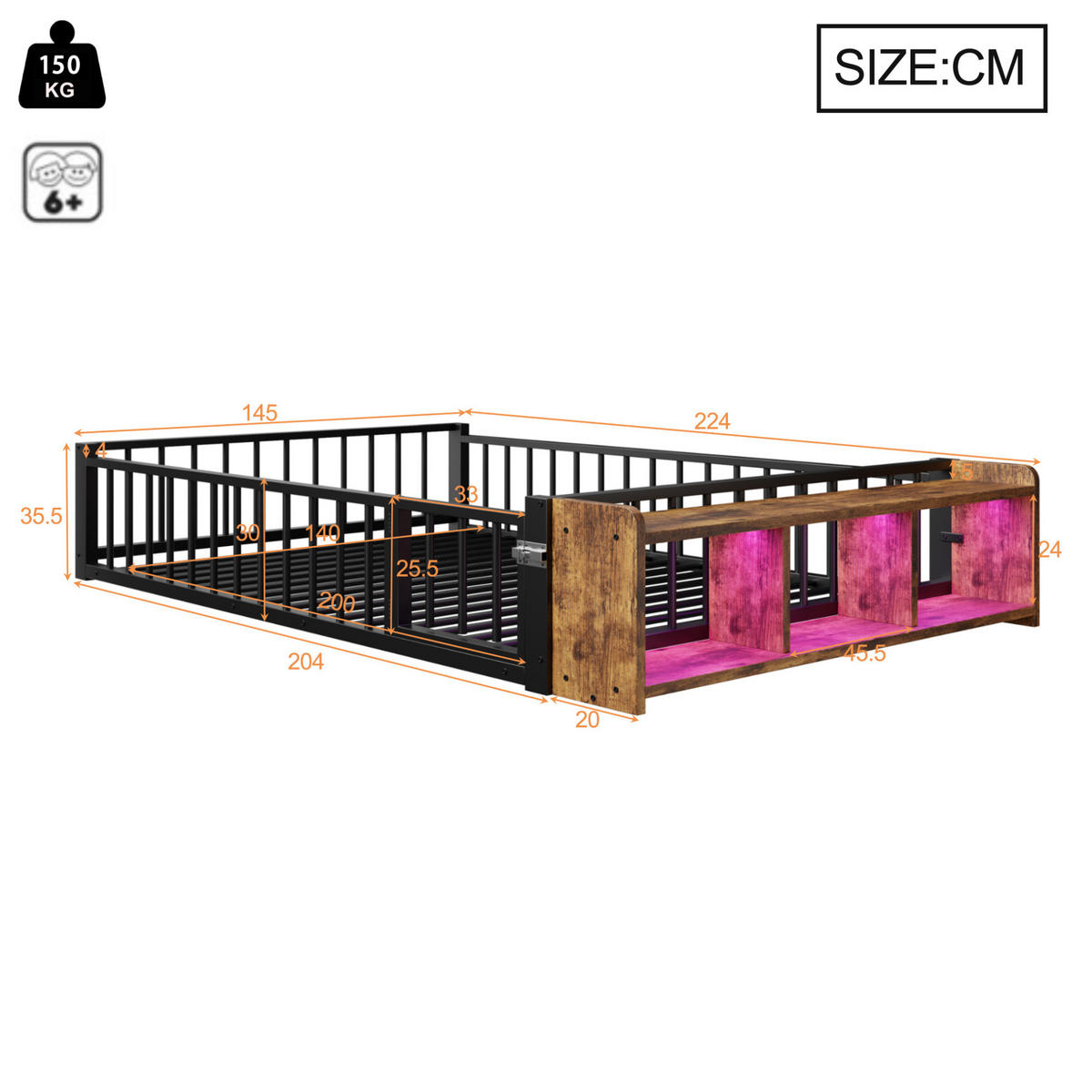 KINDERBETT 140/200 cm schwarz aus Metall und MDF mit Stauraum und LED - Schwarz, Holzwerkstoff (140/200cm) - OKWISH