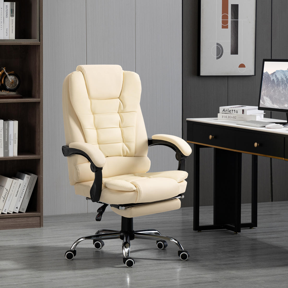 CHEFSESSEL Bürostuhl mit Fußstütze, Schreibtischstuhl mit Neigefunktion Creme - Creme, Leder (69/117/64.5cm) - HOMCOM