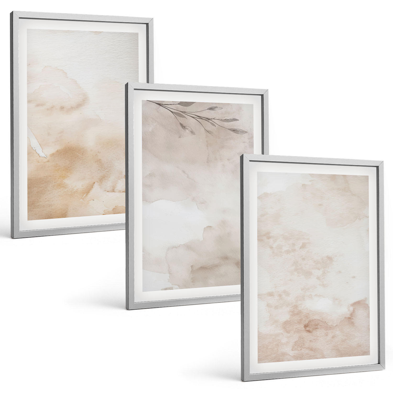 BILDER SET 3er Set - 40x60 cm Silberner Rahmen - Aquarell-Pastellblätter - Silberfarben, Kunststoff (40/60cm) - TULUP