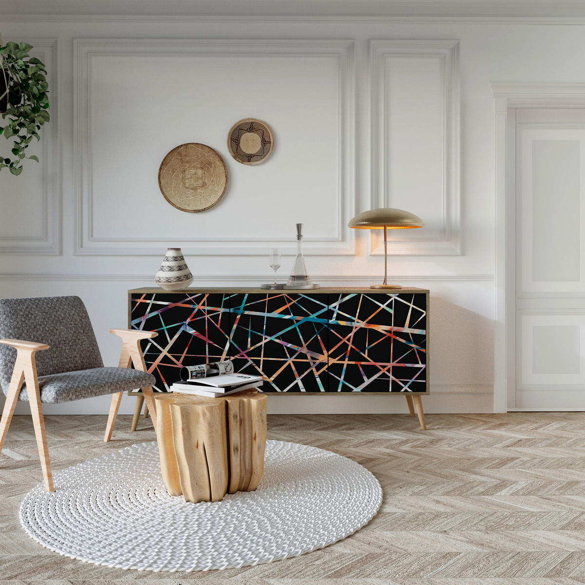 SIDEBOARD POLYGON VERVE, Eicheneffekt, 164,5x42x77,5 cm, 3 Türen - Eichefarben/Buchefarben, Holzwerkstoff/Buchenholz (164.5/77.5/42cm) - SpaceRebels