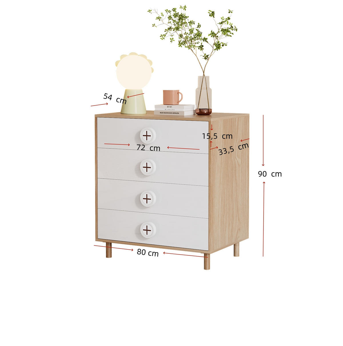 KOMMODE 80/54/90 cm mit 4 Schubladen und Kippschutz in Weiß/Natur - Naturfarben, Holzwerkstoff (54/90/80cm) - BEAOK