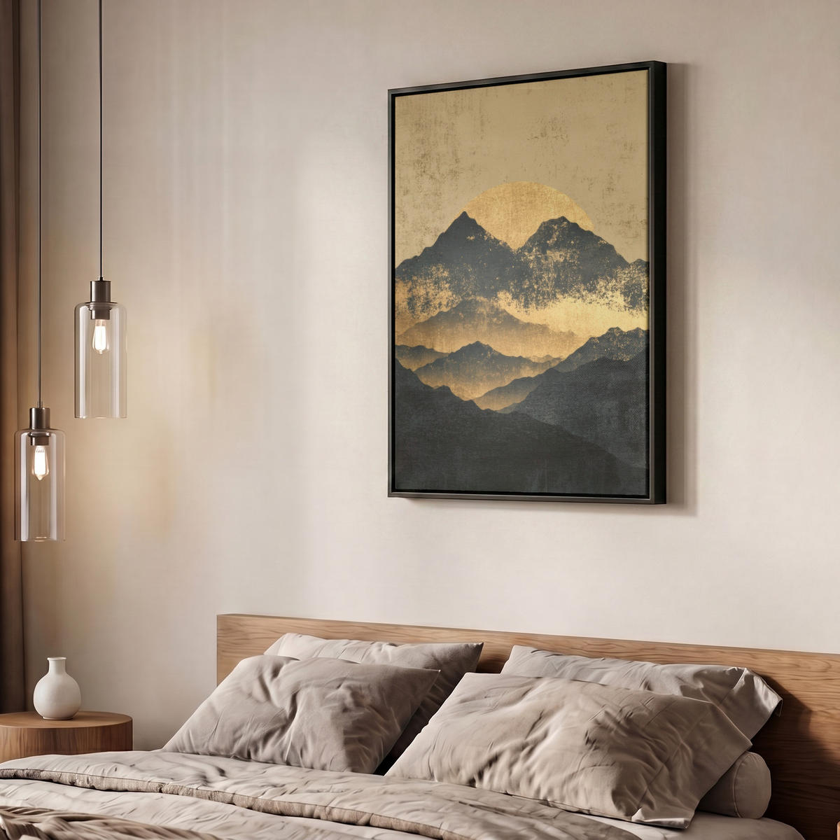 LEINWAND Bilder mit Rahmen - Goldene Berge bei Mondschein - 50x70 - Goldfarben, Textil (50/70cm) - MuchoWow